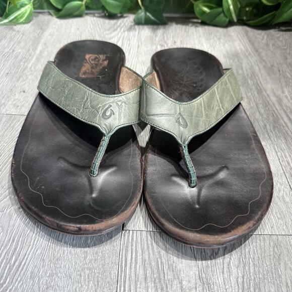 OLUKAI  Kohana Kai Flip Flop Sandals Etched Leather Sea Turtle Men’ Sz 11 EU 44 main image 4